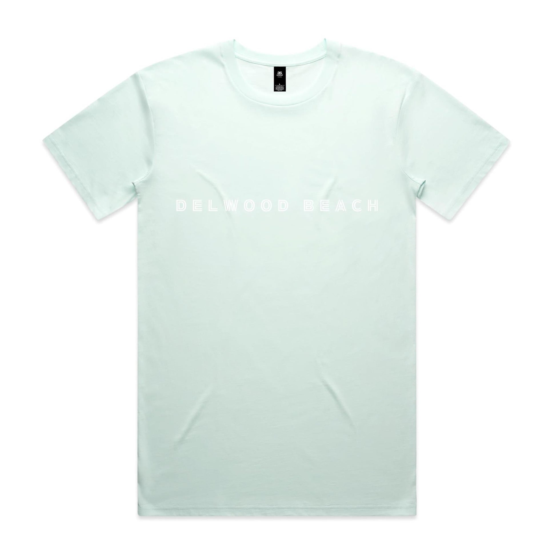 Delwood Beach custom logo printed on AS Colour Staple Tee 