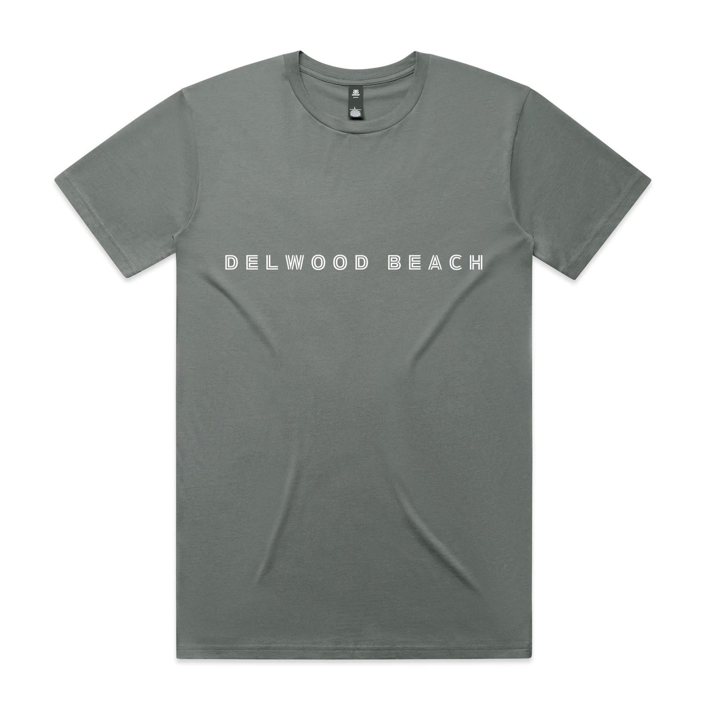 Delwood Beach custom logo printed on AS Colour Staple Tee 