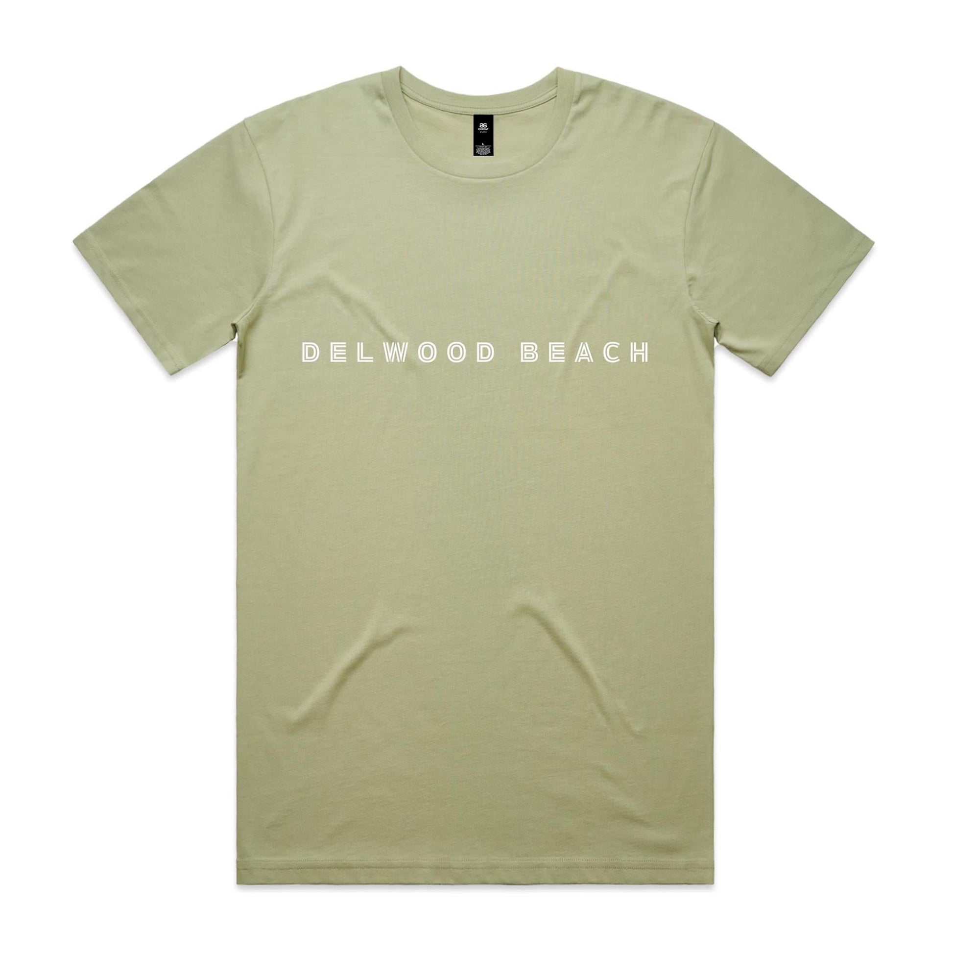 Delwood Beach custom logo printed on AS Colour Staple Tee 