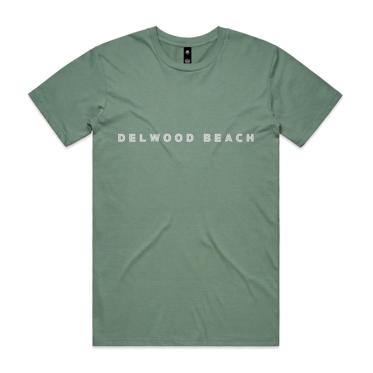 Delwood Beach custom logo printed on AS Colour Staple Tee 