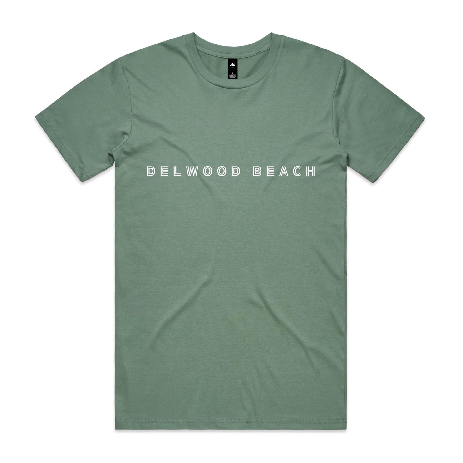 Delwood Beach custom logo printed on AS Colour Staple Tee 