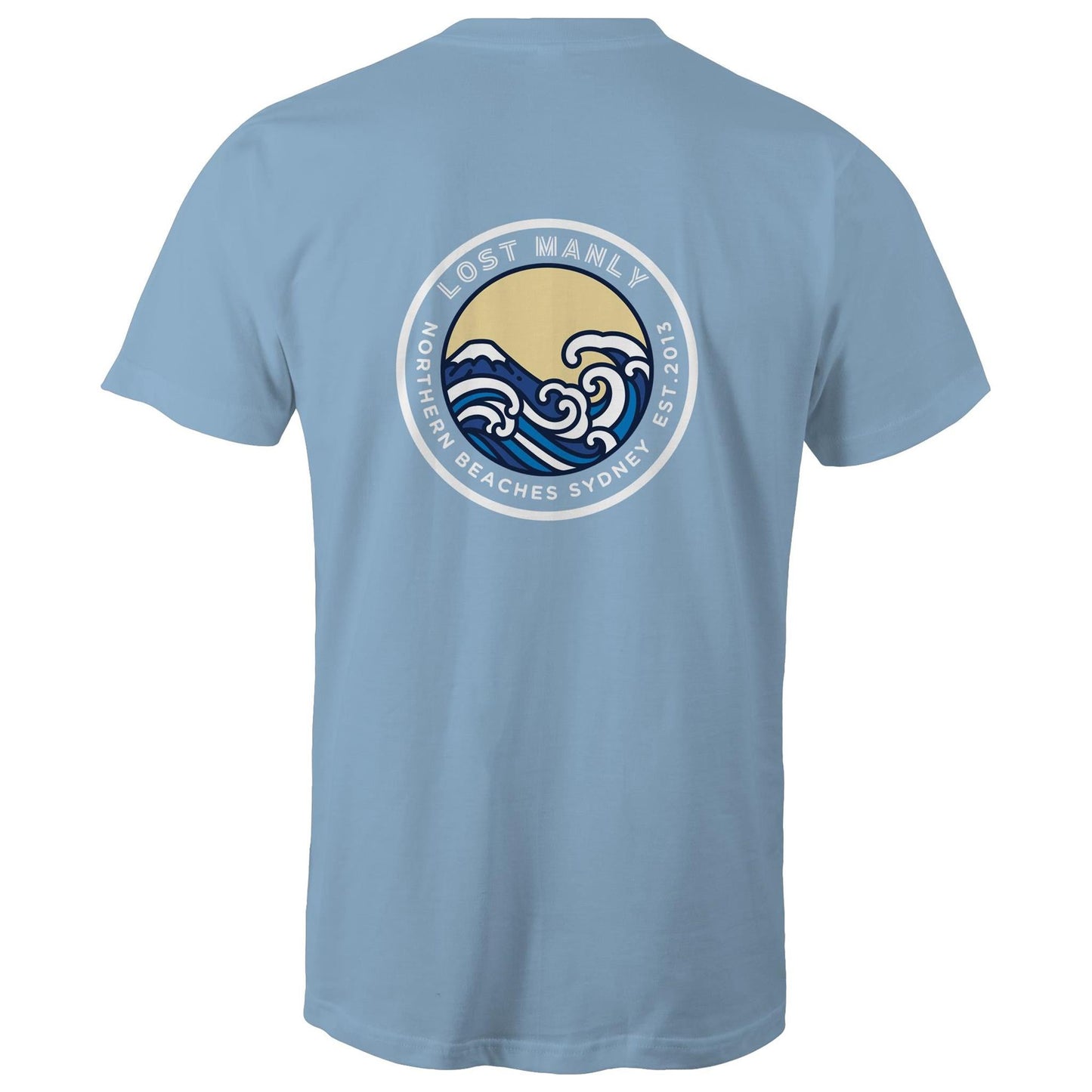 AS Colour Staple - Mens T-Shirt Lost Manly Northern Beaches Est. 2013 logo back - Lost Manly Shop