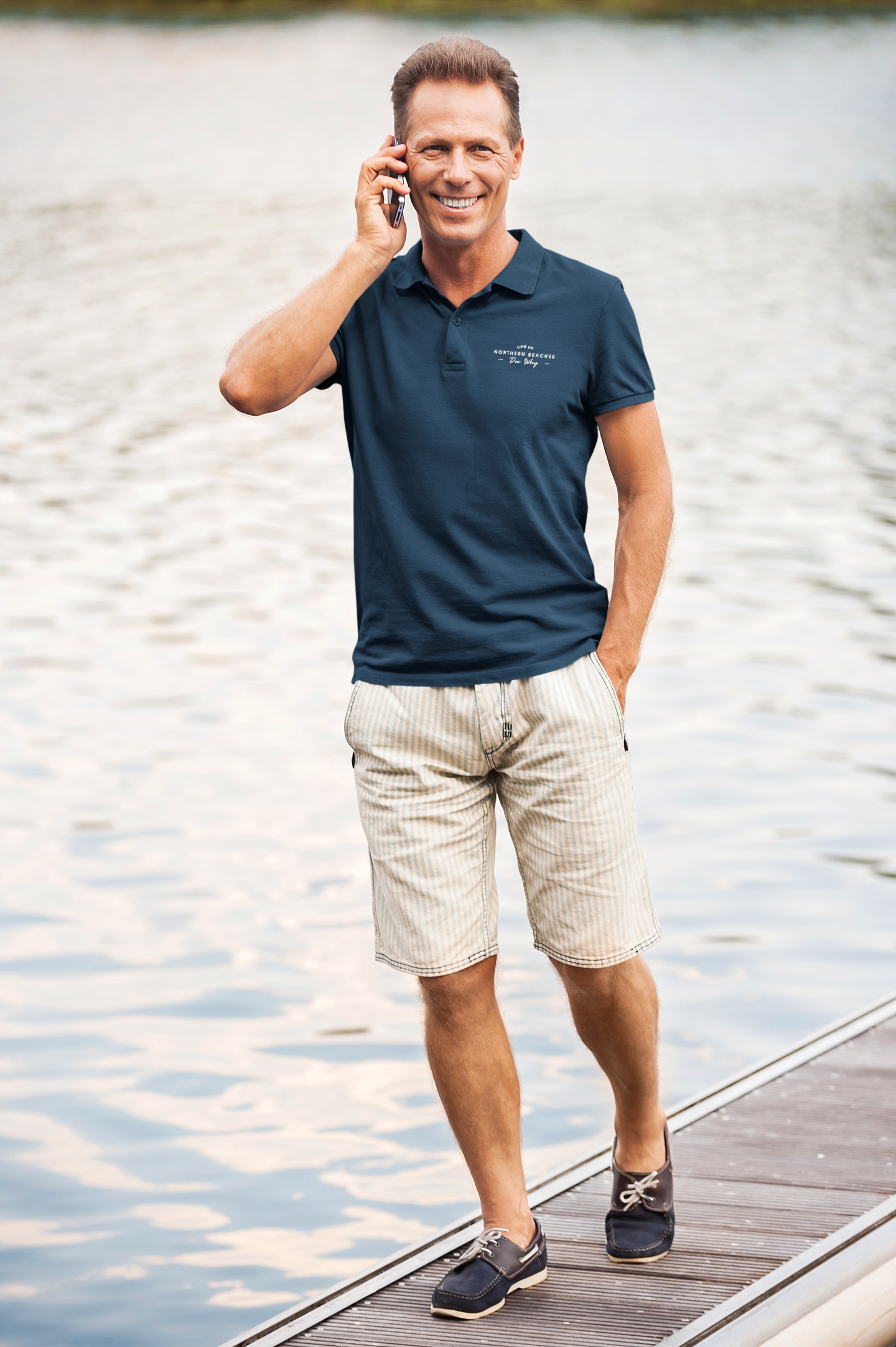 Cotton Polo Shirts Northern Beaches logo Navy and Sandstone