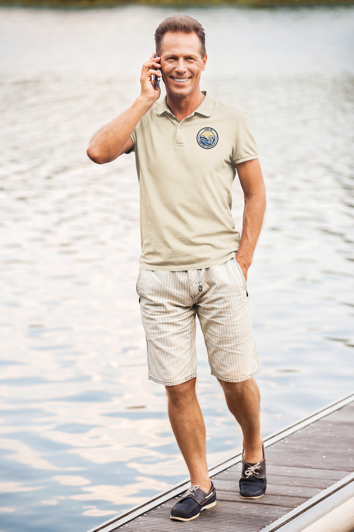 Cotton Polo Shirts Northern Beaches logo Navy and Sandstone