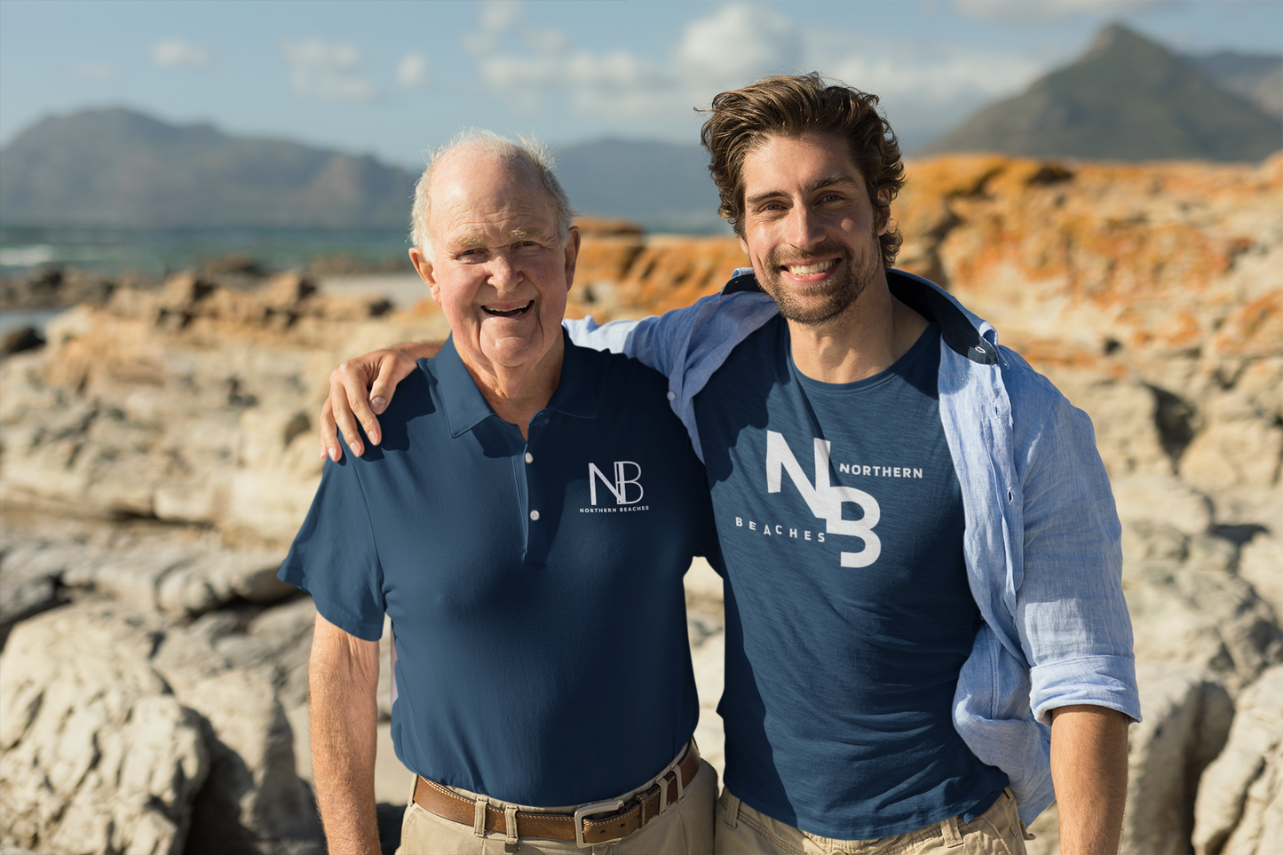 Cotton Polo Shirts Northern Beaches logo Navy and Sandstone