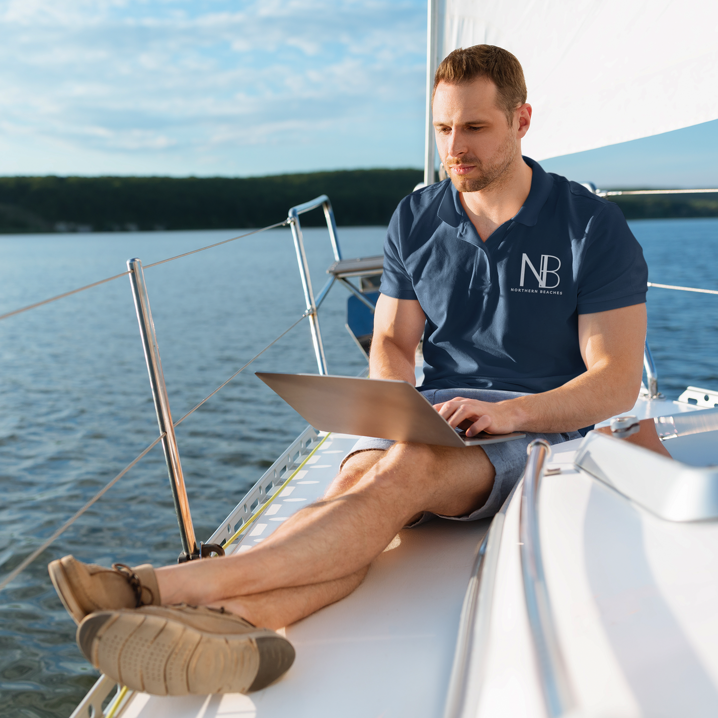 Cotton Polo Shirts Northern Beaches logo Navy and Sandstone