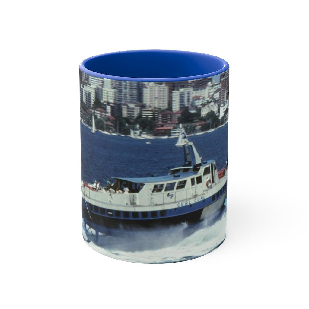 Colourful Accent Mugs, 11oz with Curl Curl Hydrofoil January 1984 Geoff Eastwood Maritime Photography - Lost Manly Shop