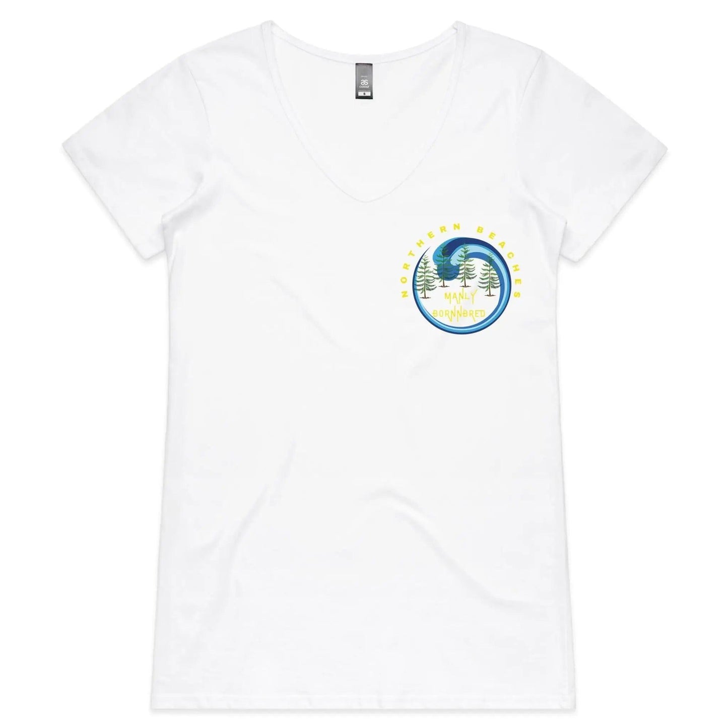 Women´s V-Neck T-Shirt - small logo on front yellow font on white or black tee - Northern Beaches Manly BornNBred