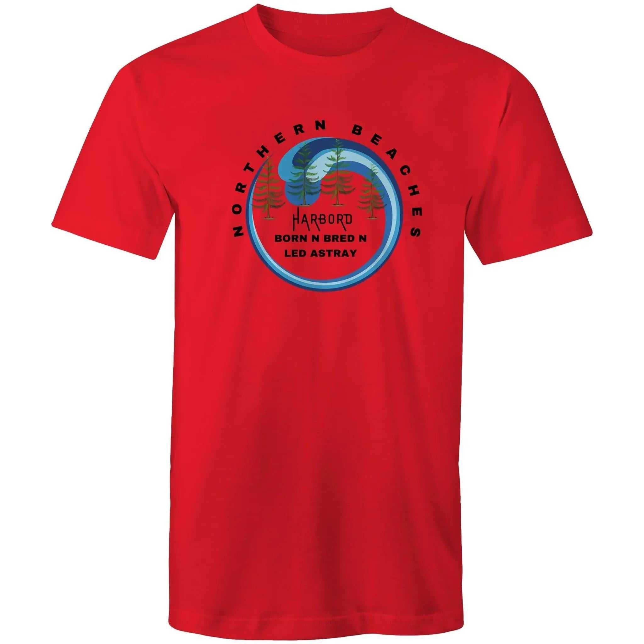 Cotton T-Shirt by AS Colour Staple Northern Beaches Harbord Born n Bred n Led Astray logo front