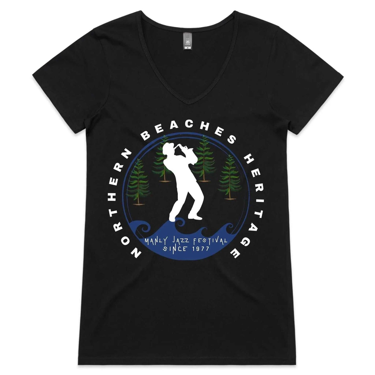 Women´s V-Neck T-Shirt digital print logo on front Northern Beaches Manly Jazz since 1977