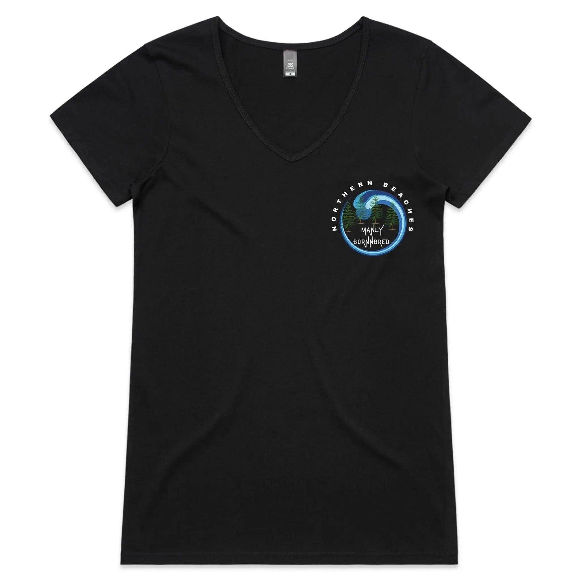 V-Neck Black T-Shirt digital print logo on front Northern Beaches Manly BornNBred