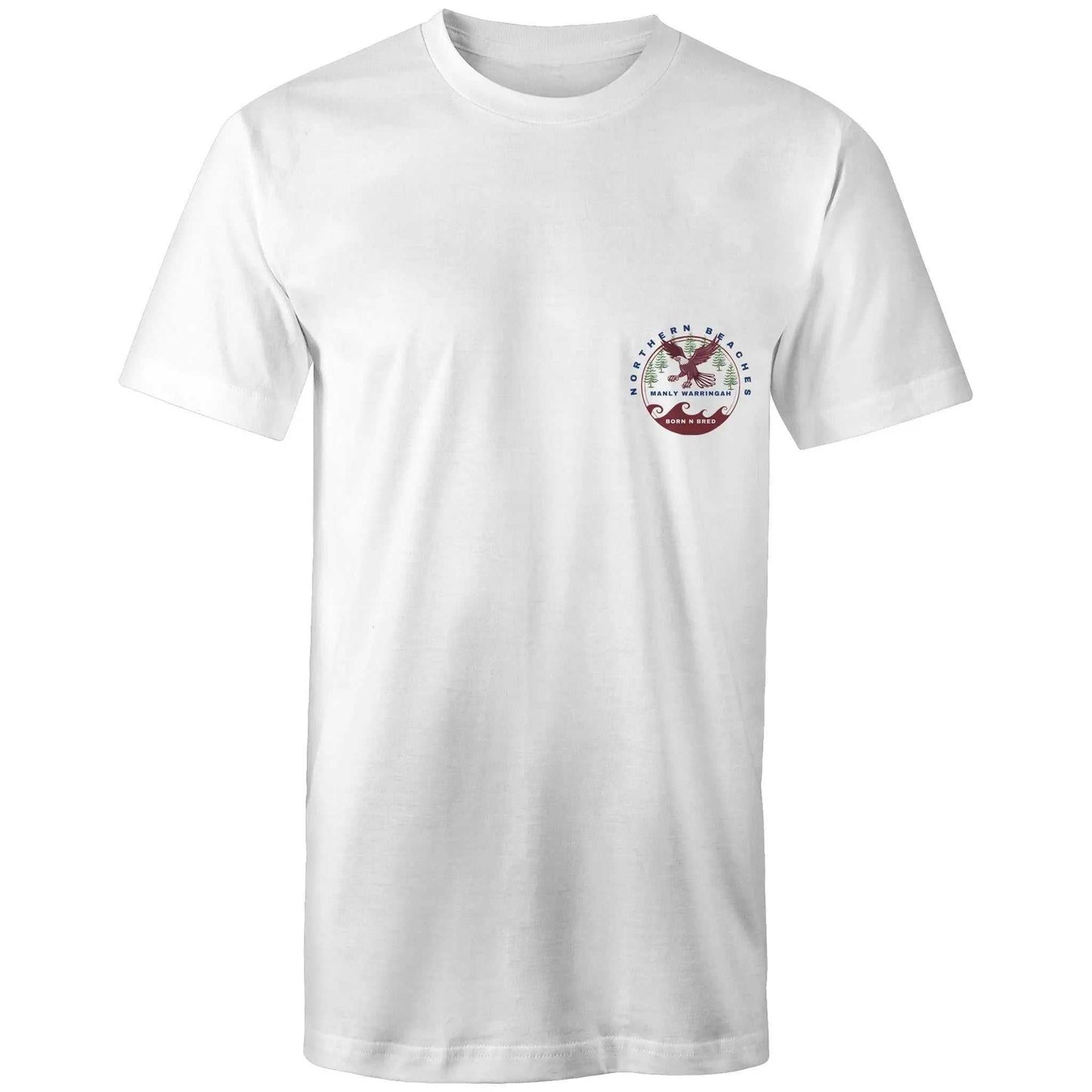 Tall Tee Shirt logo front and back Northern Beaches Manly Warringah BornNBred Navy font