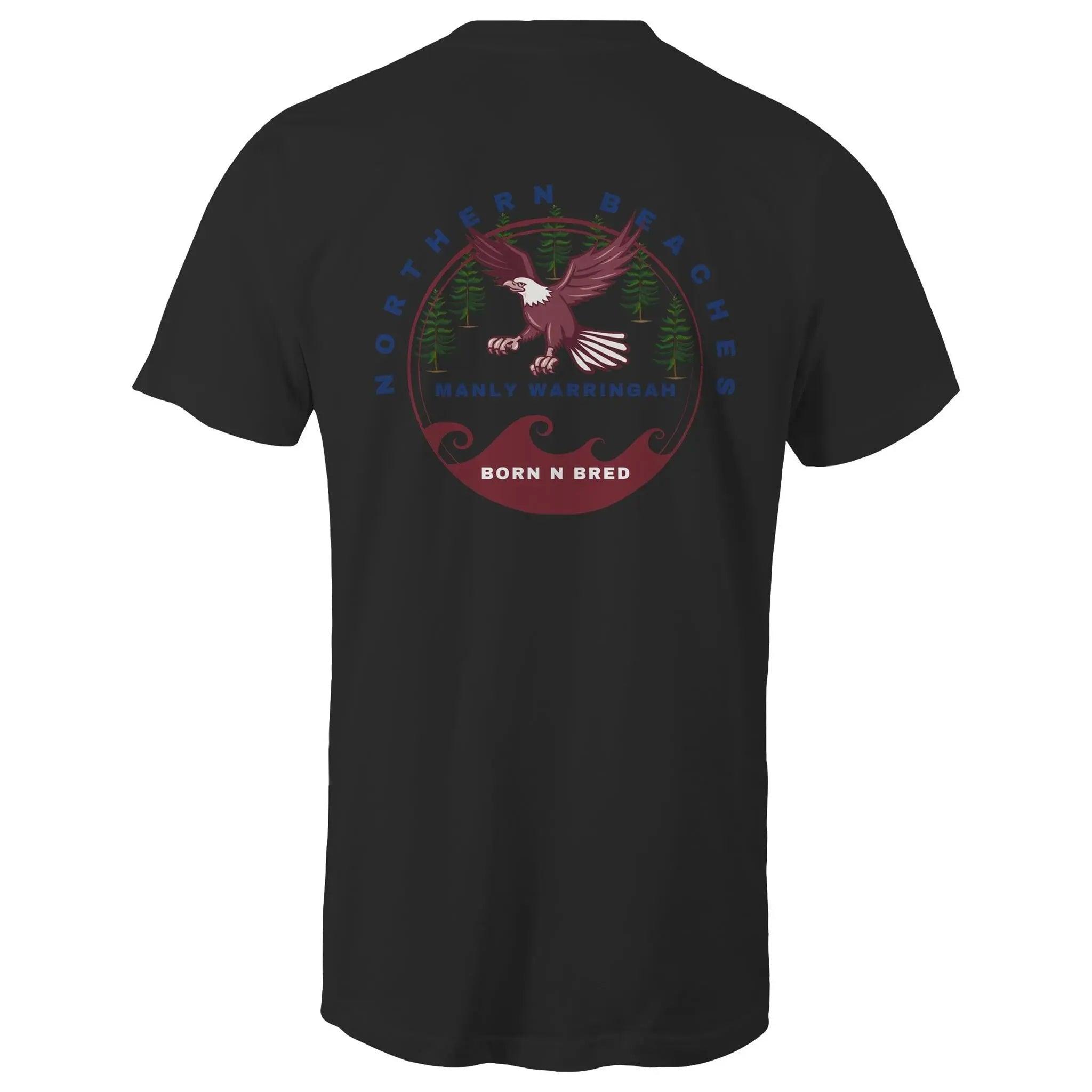 Tall Tee Shirt logo front and back Northern Beaches Manly Warringah BornNBred Navy font